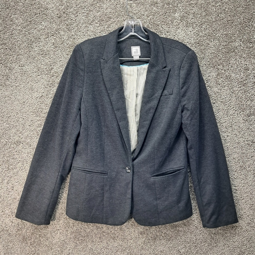 JCP Womens Charcoal Gray Knit One Button Blazer Jacket Large Pinstripe Lining